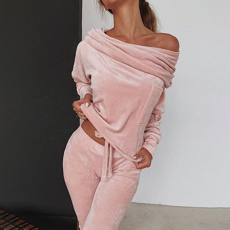 Slim Fit Velvet Tracksuit Off Shoulder Drawstring Tops + Pocket Sweatpants