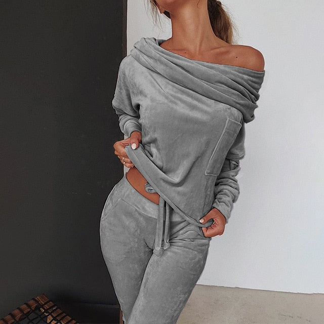 Slim Fit Velvet Tracksuit Off Shoulder Drawstring Tops + Pocket Sweatpants