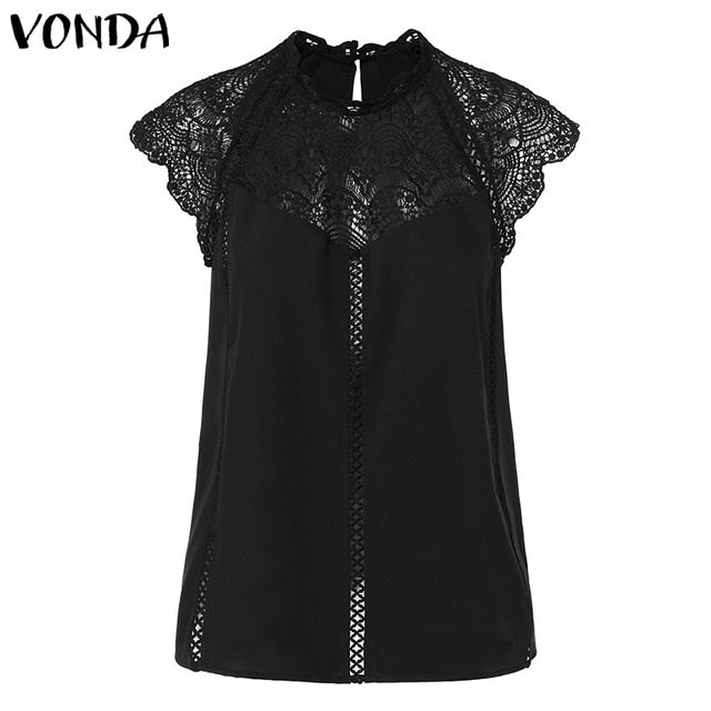 VONDA 2021 Sexy Hollow Out Women Blouse Sleeveless Lace Shirt OL Office Ladies Shirt Party Tops Camisas White Blouse Plus Size