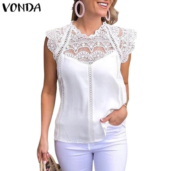 VONDA 2021 Sexy Hollow Out Women Blouse Sleeveless Lace Shirt OL Office Ladies Shirt Party Tops Camisas White Blouse Plus Size