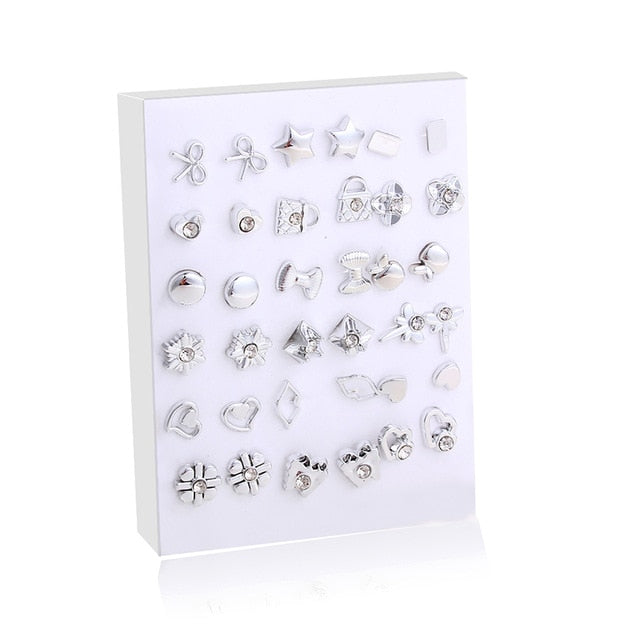 36Pairs/18pairs Earrings Mixed Styles Rhinestone Sun Flower Geometric Animal Plastic Stud Earrings Set For Women Girls Jewelry