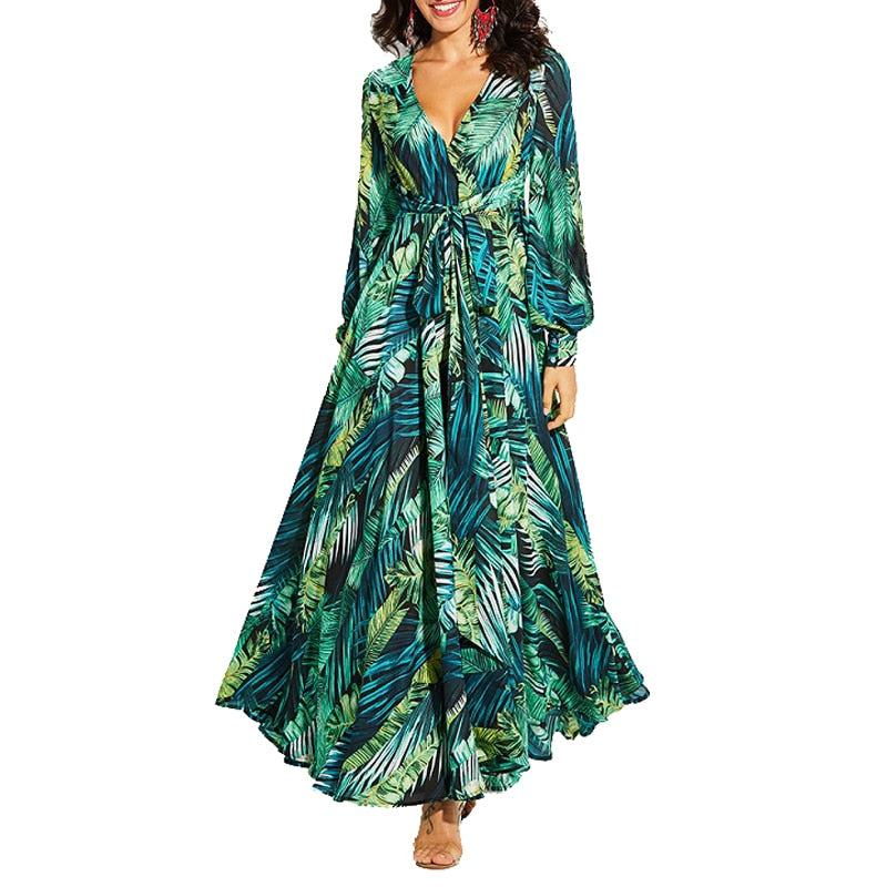 AECU Vestido Floral Print Boho Maxi Dress Sexy Lady Bohemian Summer Long Dress Women Beach Dresses Female Robes Christmas