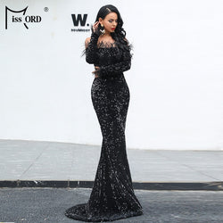 Off Shoulder Feather Long Sleeve Sequin floor length Evening Party Dress