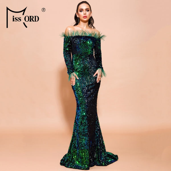 Off Shoulder Feather Long Sleeve Sequin floor length Evening Party Dress