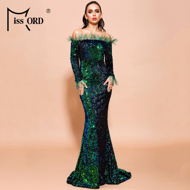 Off Shoulder Feather Long Sleeve Sequin floor length Evening Party Dress