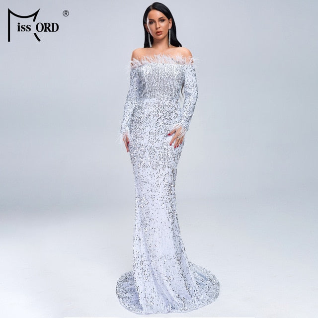 Off Shoulder Feather Long Sleeve Sequin floor length Evening Party Dress