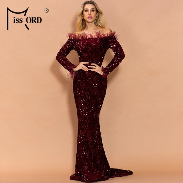 Off Shoulder Feather Long Sleeve Sequin floor length Evening Party Dress