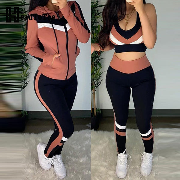 Colorblock Crop Top & High Waist Pants & Hooded Coat Set