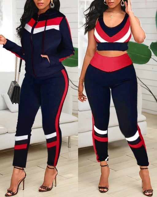 Colorblock Crop Top & High Waist Pants & Hooded Coat Set