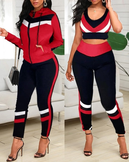 Colorblock Crop Top & High Waist Pants & Hooded Coat Set