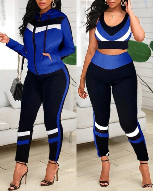 Colorblock Crop Top & High Waist Pants & Hooded Coat Set