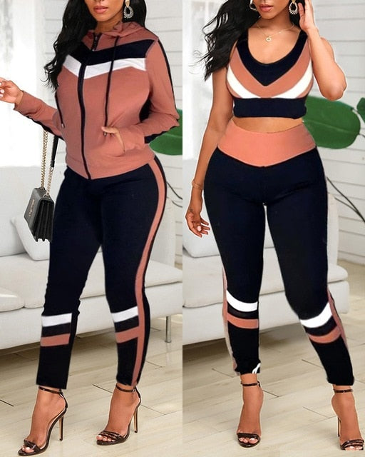 Colorblock Crop Top & High Waist Pants & Hooded Coat Set