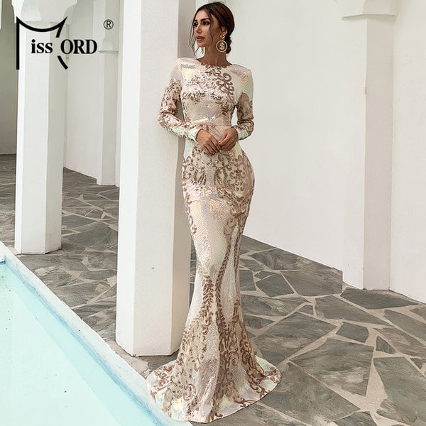 Women Sexy O Neck Long Sleeve Backless Sequin Dresses Female Elegant Multi Autumn Winter Maxi Dress Robes FT19747