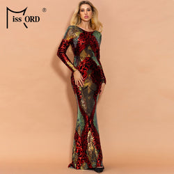 Women Sexy O Neck Long Sleeve Backless Sequin Dresses Female Elegant Multi Autumn Winter Maxi Dress Robes FT19747