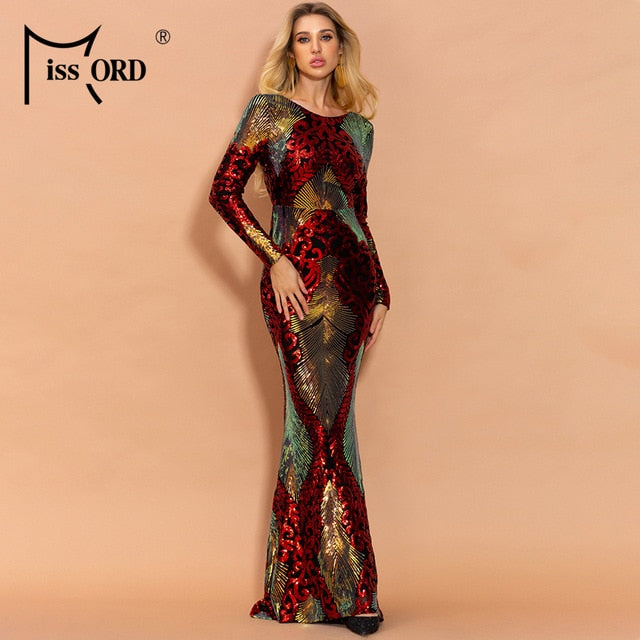 Women Sexy O Neck Long Sleeve Backless Sequin Dresses Female Elegant Multi Autumn Winter Maxi Dress Robes FT19747