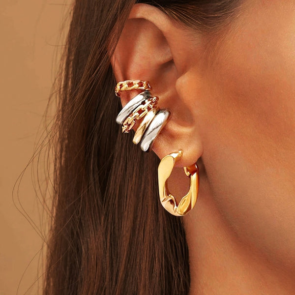 Punk Rock Gold Color Clip Earrings No Piercing Trendy Link Chain Earcuffs Statement Cartilage Earrings for Women Party Jewelry