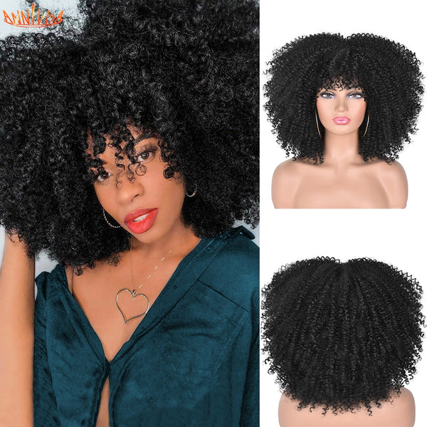 Short Hair Afro Kinky Curly Wigs With Bangs For Black Women African Synthetic Ombre Glueless Cosplay Wigs High Temperature 14"