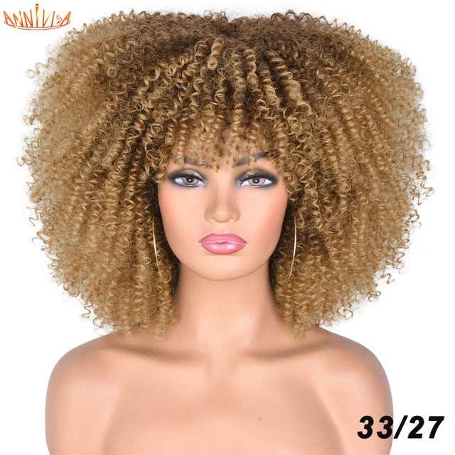 Short Hair Afro Kinky Curly Wigs With Bangs For Black Women African Synthetic Ombre Glueless Cosplay Wigs High Temperature 14"