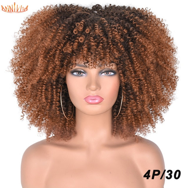 Short Hair Afro Kinky Curly Wigs With Bangs For Black Women African Synthetic Ombre Glueless Cosplay Wigs High Temperature 14"