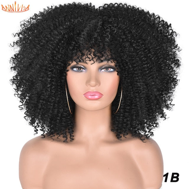 Short Hair Afro Kinky Curly Wigs With Bangs For Black Women African Synthetic Ombre Glueless Cosplay Wigs High Temperature 14"