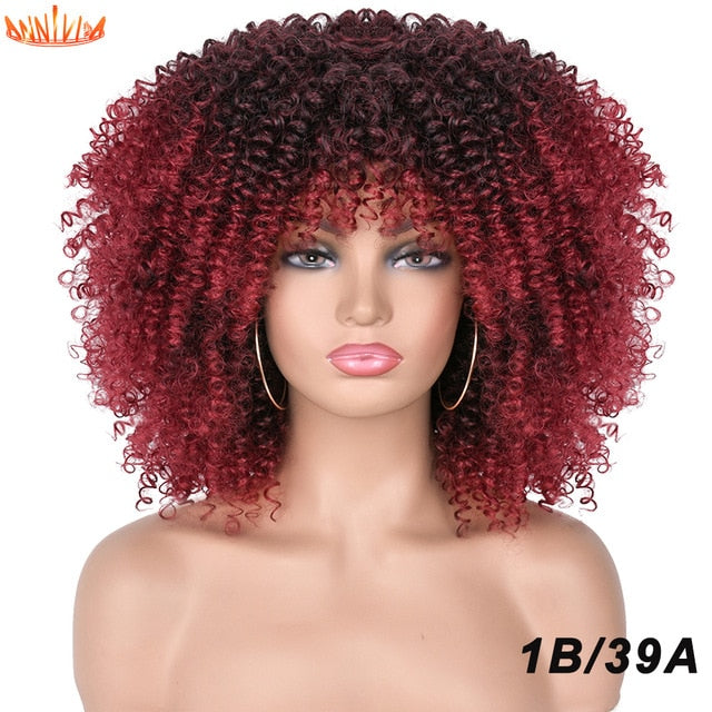 Short Hair Afro Kinky Curly Wigs With Bangs For Black Women African Synthetic Ombre Glueless Cosplay Wigs High Temperature 14"