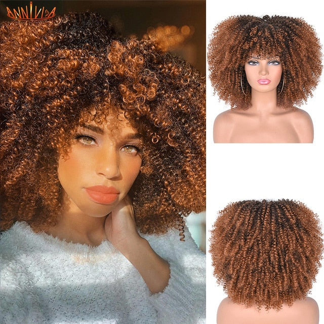 Short Hair Afro Kinky Curly Wigs With Bangs For Black Women African Synthetic Ombre Glueless Cosplay Wigs High Temperature 14"