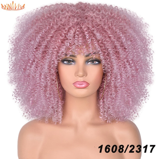 Short Hair Afro Kinky Curly Wigs With Bangs For Black Women African Synthetic Ombre Glueless Cosplay Wigs High Temperature 14"