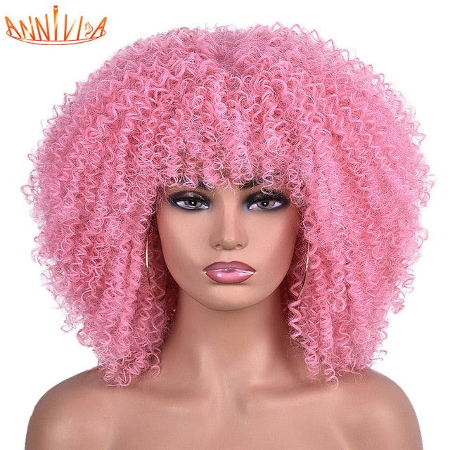 Short Hair Afro Kinky Curly Wigs With Bangs For Black Women African Synthetic Ombre Glueless Cosplay Wigs High Temperature 14"