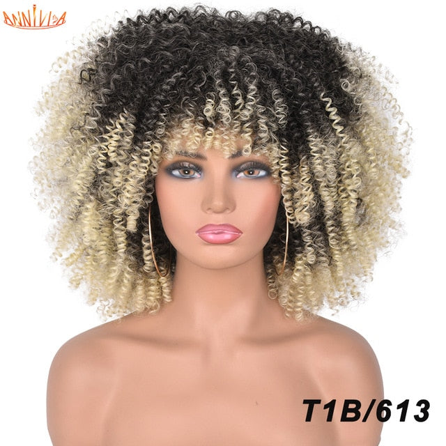 Short Hair Afro Kinky Curly Wigs With Bangs For Black Women African Synthetic Ombre Glueless Cosplay Wigs High Temperature 14"