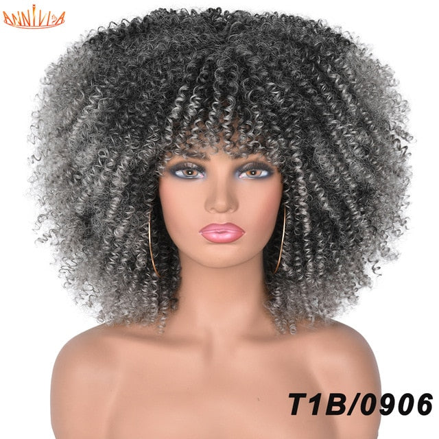 Short Hair Afro Kinky Curly Wigs With Bangs For Black Women African Synthetic Ombre Glueless Cosplay Wigs High Temperature 14"