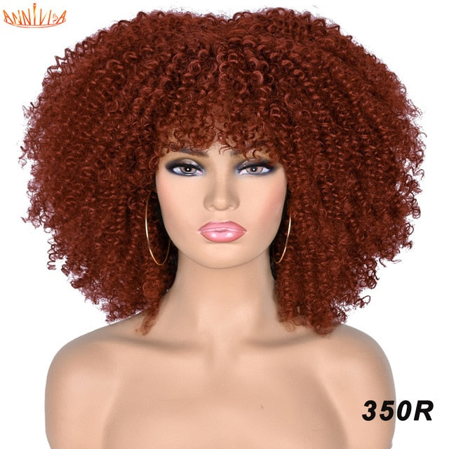 Short Hair Afro Kinky Curly Wigs With Bangs For Black Women African Synthetic Ombre Glueless Cosplay Wigs High Temperature 14"