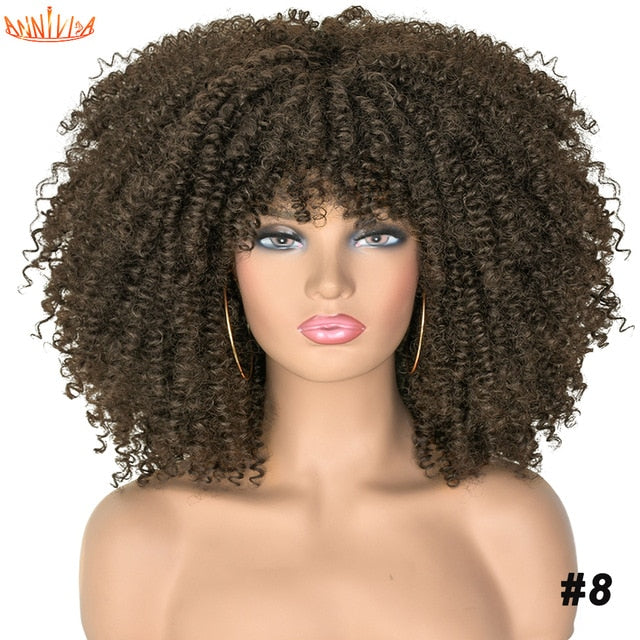 Short Hair Afro Kinky Curly Wigs With Bangs For Black Women African Synthetic Ombre Glueless Cosplay Wigs High Temperature 14"