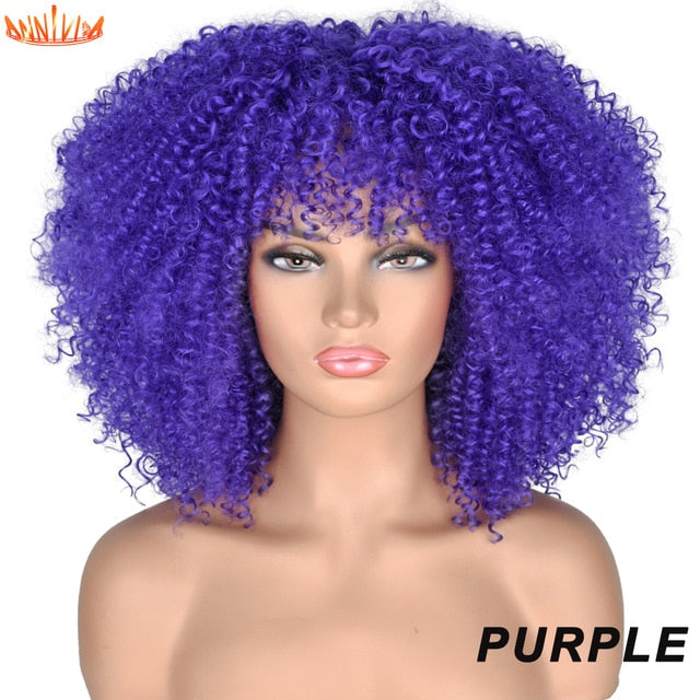 Short Hair Afro Kinky Curly Wigs With Bangs For Black Women African Synthetic Ombre Glueless Cosplay Wigs High Temperature 14"