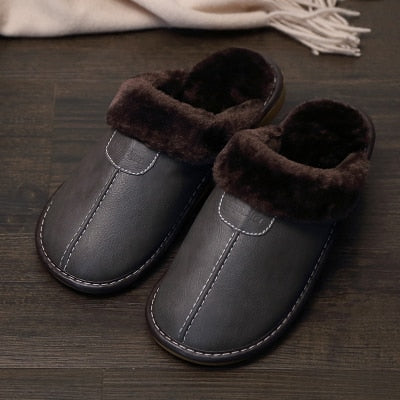 Men Slippers Black New Winter PU Leather Slippers Warm Indoor Slipper Waterproof Home House Shoes Women Warm Leather Slippers