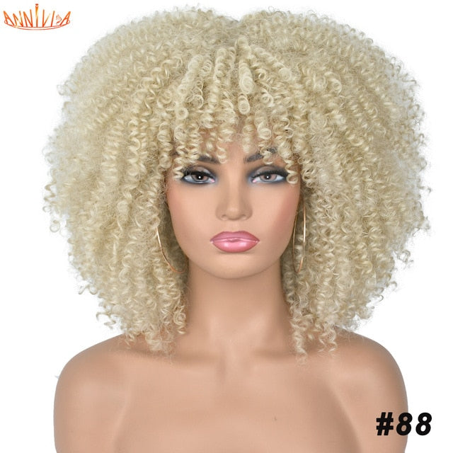 Short Hair Afro Kinky Curly Wigs With Bangs For Black Women African Synthetic Ombre Glueless Cosplay Wigs High Temperature 14"