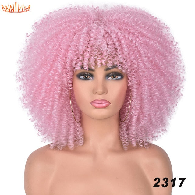 Short Hair Afro Kinky Curly Wigs With Bangs For Black Women African Synthetic Ombre Glueless Cosplay Wigs High Temperature 14"