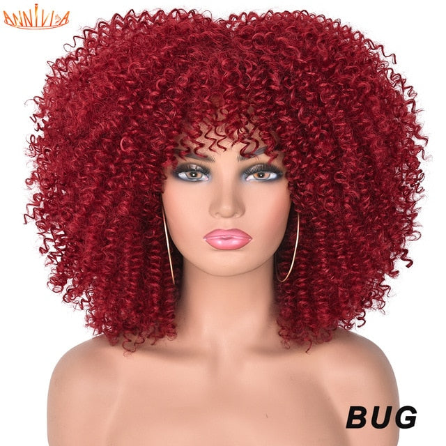 Short Hair Afro Kinky Curly Wigs With Bangs For Black Women African Synthetic Ombre Glueless Cosplay Wigs High Temperature 14"