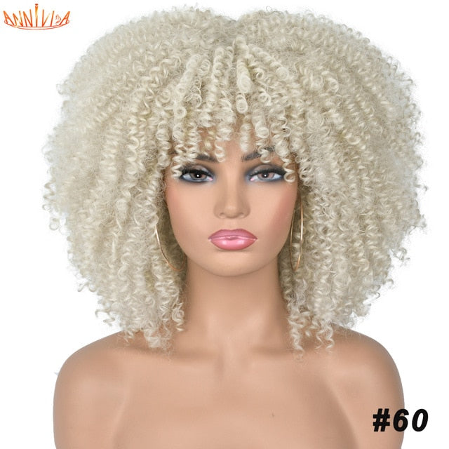 Short Hair Afro Kinky Curly Wigs With Bangs For Black Women African Synthetic Ombre Glueless Cosplay Wigs High Temperature 14"