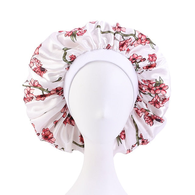 New Women Big Size Beauty print Satin Silky Bonnet Sleep Night Cap Head Cover Bonnet Hat for For Curly Springy Hair Black