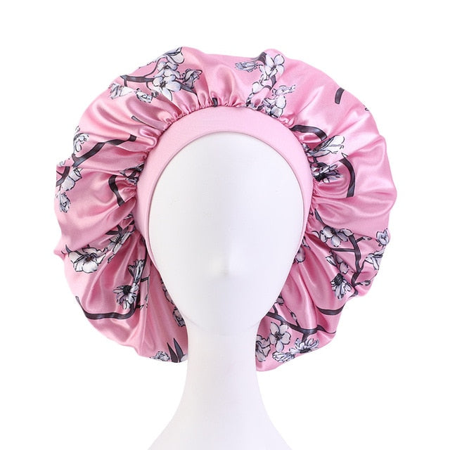 New Women Big Size Beauty print Satin Silky Bonnet Sleep Night Cap Head Cover Bonnet Hat for For Curly Springy Hair Black