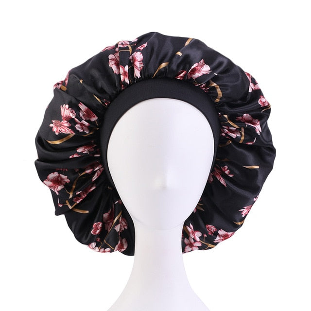 New Women Big Size Beauty print Satin Silky Bonnet Sleep Night Cap Head Cover Bonnet Hat for For Curly Springy Hair Black