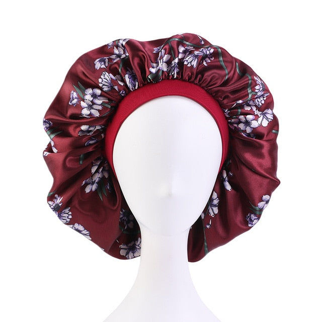 New Women Big Size Beauty print Satin Silky Bonnet Sleep Night Cap Head Cover Bonnet Hat for For Curly Springy Hair Black