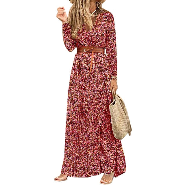 Womens Long Dress Summer V-neck Boho Belted Maxi Dress Casual Sexy Party Dress Ladies Bohemian Beach Holiday Sundress