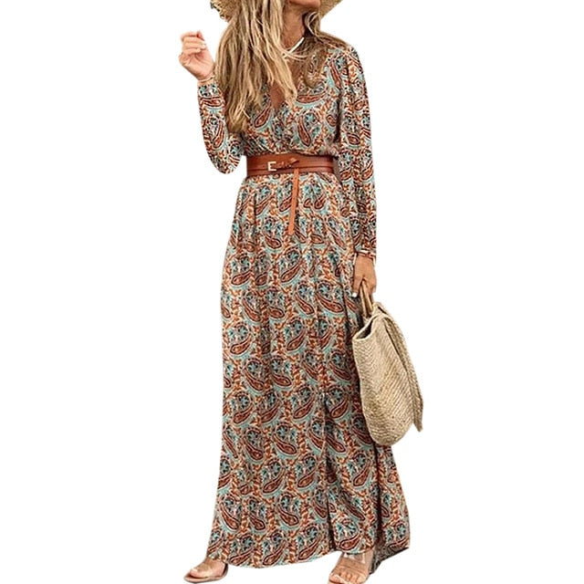 Womens Long Dress Summer V-neck Boho Belted Maxi Dress Casual Sexy Party Dress Ladies Bohemian Beach Holiday Sundress