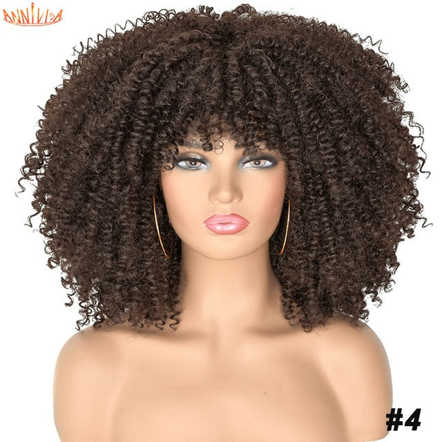 Short Hair Afro Kinky Curly Wigs With Bangs For Black Women African Synthetic Ombre Glueless Cosplay Wigs High Temperature 14"