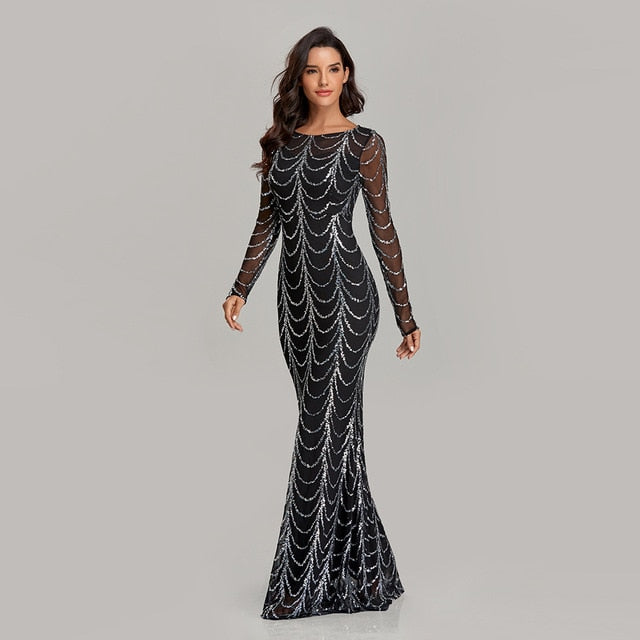 Sequins See Though Women Maxi Dresses Elegant Long Sleeve Female Party Dresses Black Silver Pink