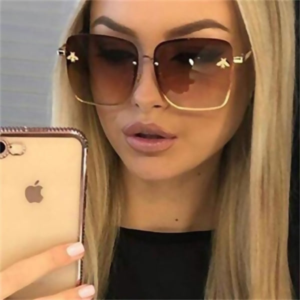 Fashion Lady Oversize Rimless Square Bee Sunglasses Women Men Small Bee Glasses Gradient Sun Glasses Female UV400