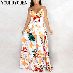 Summer V Neck Spaghetti Strap Printing Beach Long Maxi Dress Flower White Split Bohemian Clothing