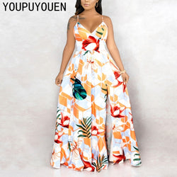 Summer V Neck Spaghetti Strap Printing Beach Long Maxi Dress Flower White Split Bohemian Clothing