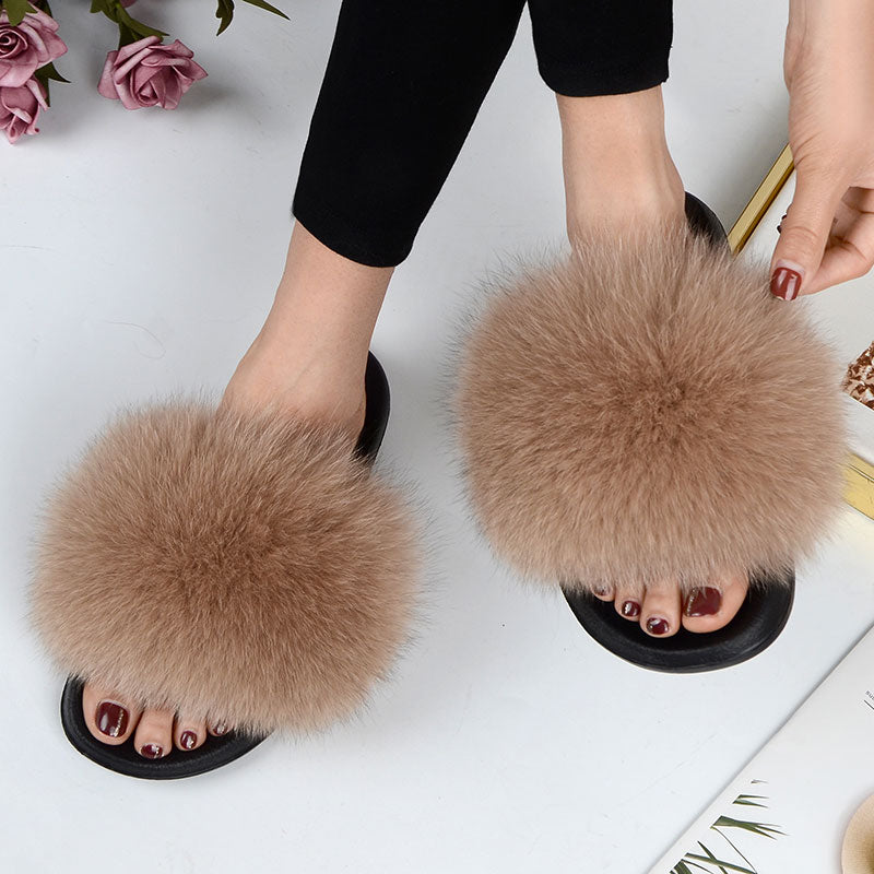 Women Summer Casual Fur Slippers Flat Non-Slip Solid Real Fox Hair Slides Large Size Fur Sandals Free Shipping